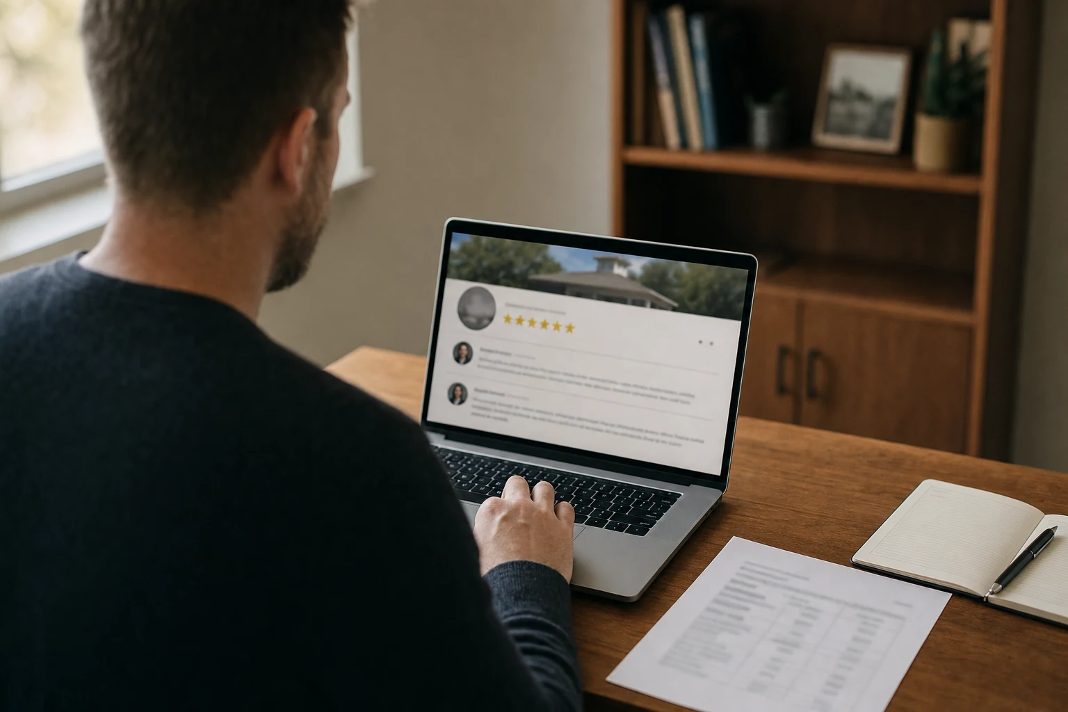 A local SEO consultant reviewing a business profile with a star rating and recent customer reviews on a laptop