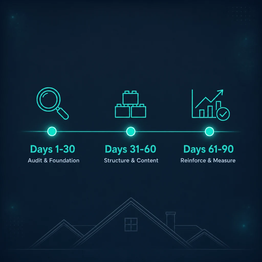 Roofing SEO Cost (2026): Pricing and Lead Math for Roofers 1 A three-phase 90-day roofing SEO plan timeline