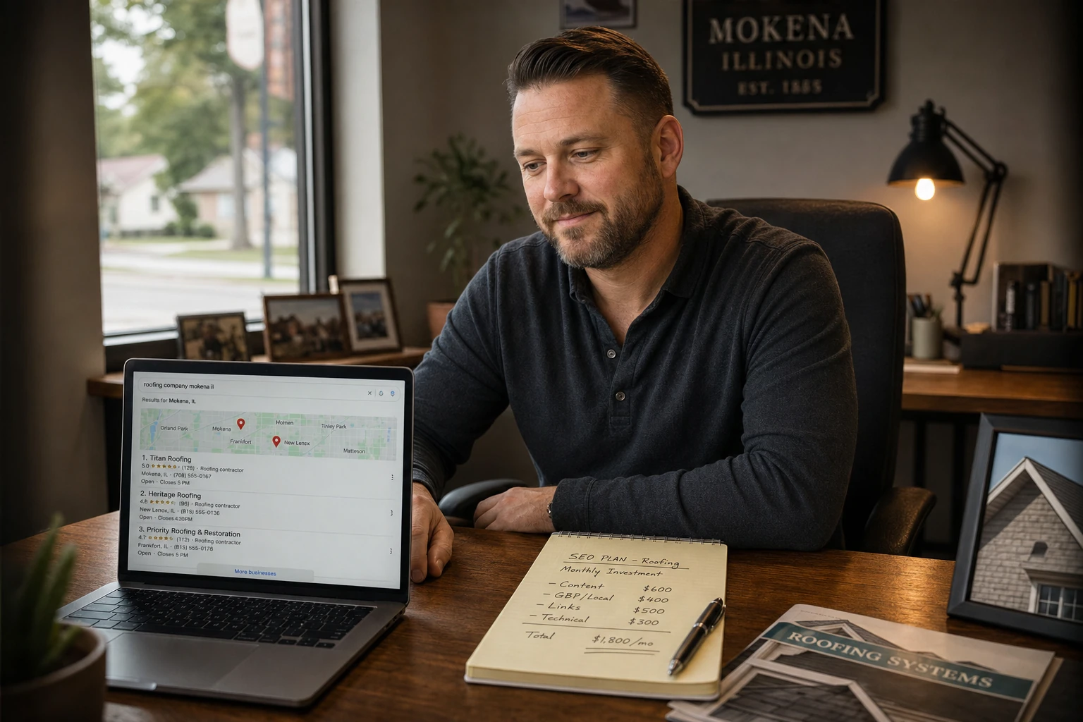 Jeremy Bengtson reviewing roofing SEO cost and local search results on a laptop