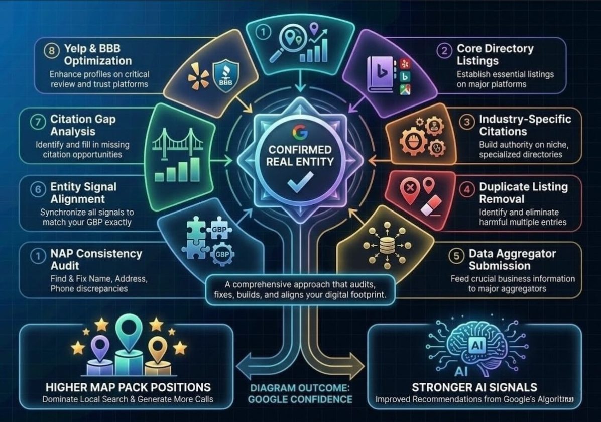 Local SEO citation strategy diagram showing NAP consistency audit, GBP optimization, and entity signal alignment for map pack rankings