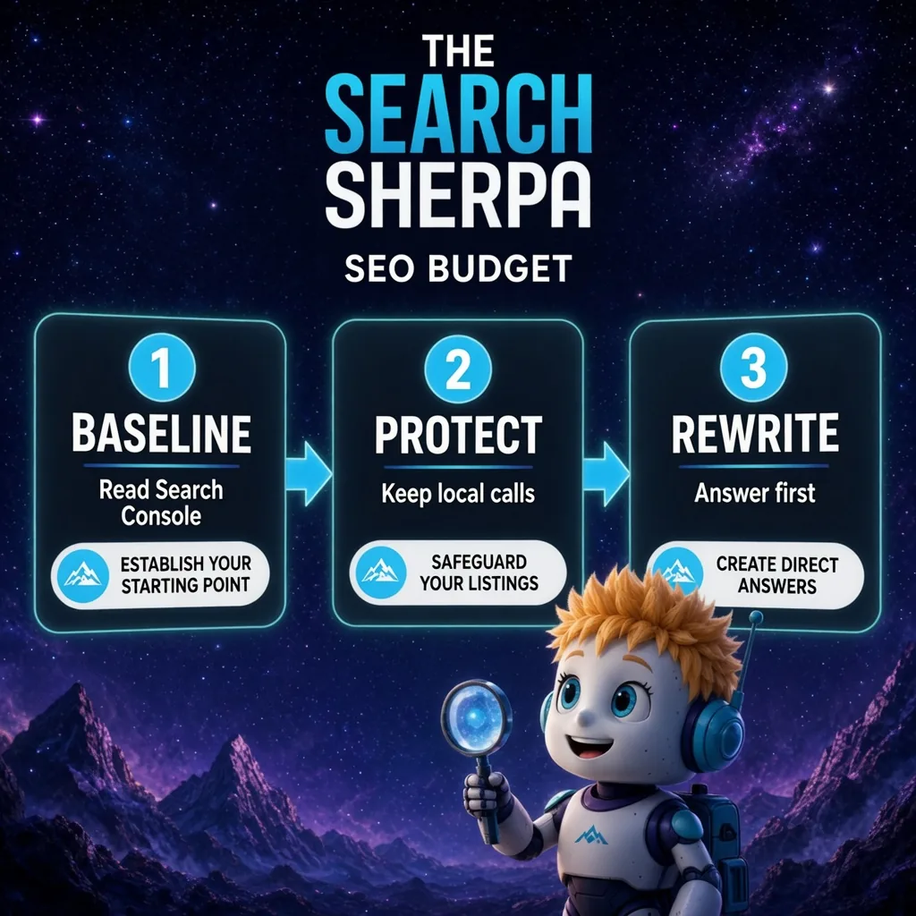 The Search Sherpa phase cards for an SEO budget: baseline in Search Console, protect local calls, then rewrite pages so the answer comes first