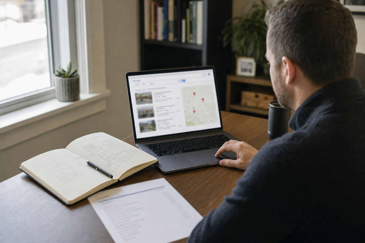 A local SEO consultant at a desk reviewing search results and a local map on a laptop, with a handwritten plan in a notebook beside it