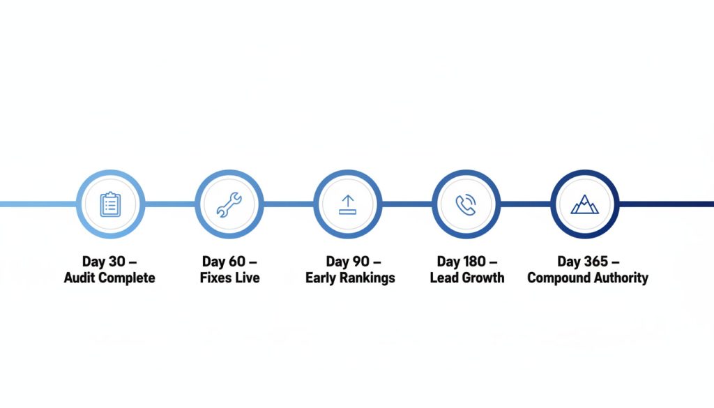 SEO consultant results timeline showing milestones at 30 60 90 180 and 365 days