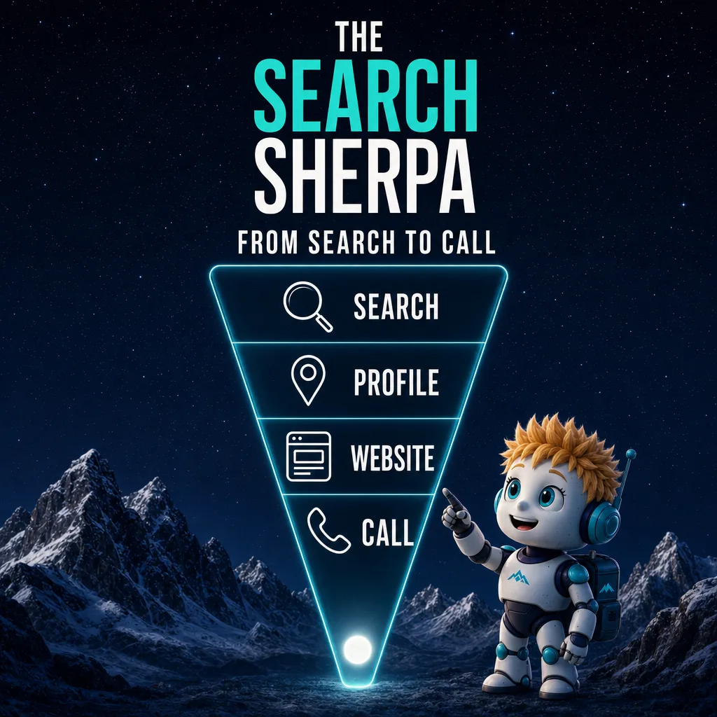 AI-generated funnel illustration titled From Search to Call with four stages, Search, Profile, Website and Call, and The Search Sherpa mascot pointing at it