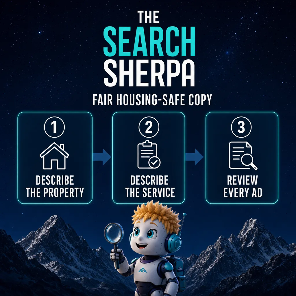 SEO for Property Management (2026): How Managers Get Found by Owners 2 AI-generated illustration titled Fair Housing-Safe Copy with three numbered cards: Describe the Property, Describe the Service, and Review Every Ad