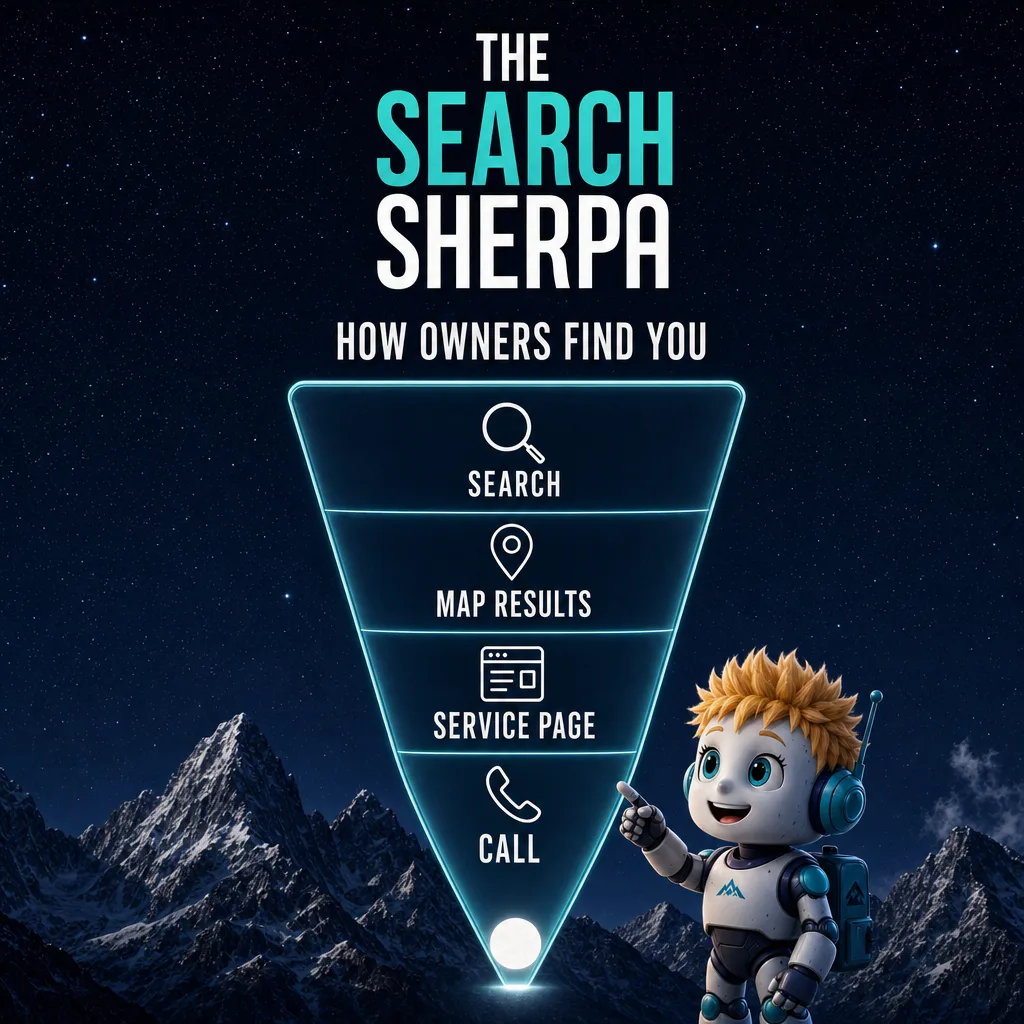 SEO for Property Management (2026): How Managers Get Found by Owners 1 AI-generated funnel illustration titled How Owners Find You with four stages, Search, Map Results, Service Page and Call, and The Search Sherpa mascot pointing at it