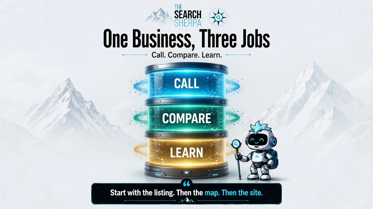 SEO vs Local SEO vs Google Business Profile Explained 2 Editorial illustration of a stacked glass machine labeled CALL, COMPARE, and LEARN for one local business with three search jobs, with a Search Sherpa robot guide
