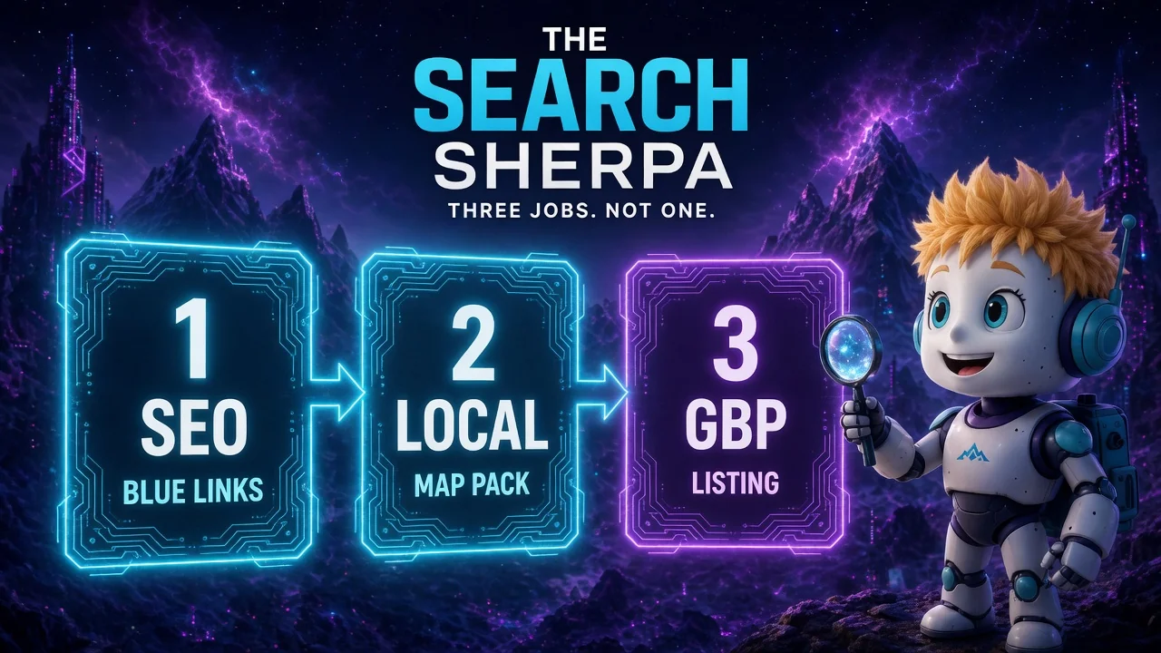 SEO vs Local SEO vs Google Business Profile Explained 1 Editorial illustration of three holographic cards labeled SEO blue links, LOCAL map pack, and GBP listing, with a Search Sherpa robot guide