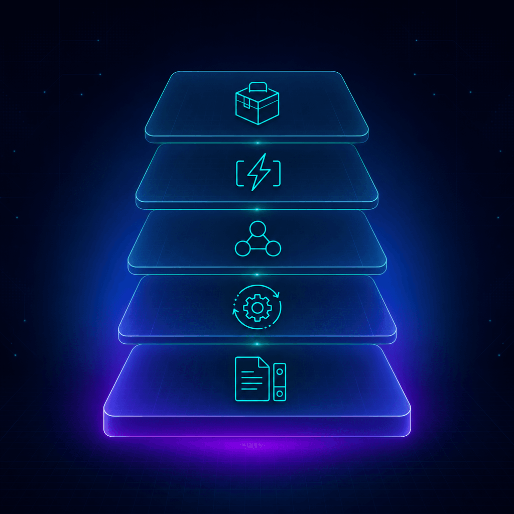 Layered architecture diagram of the five Claude Code building blocks — CLAUDE.md, Skills, Subagents, Hooks, and Plugins — stacked into a safer developer stack for small business