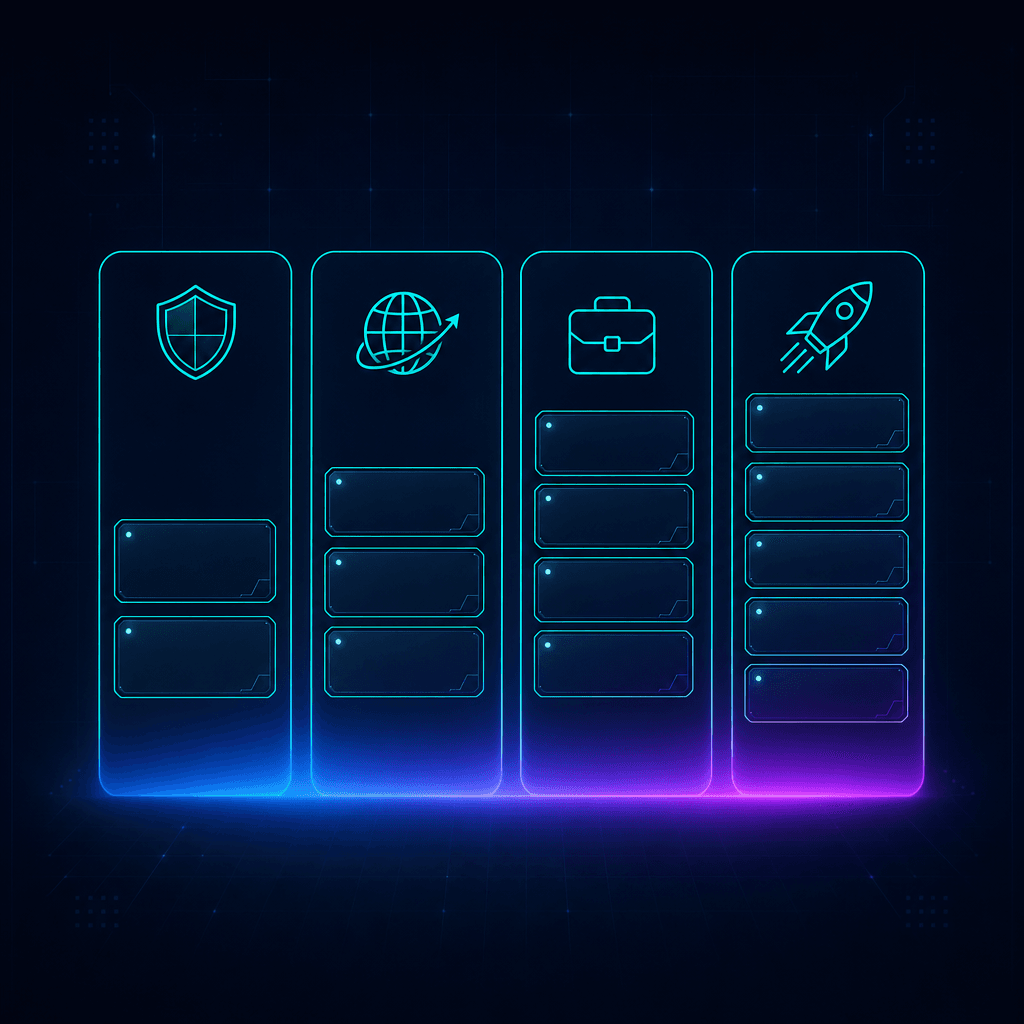 Four-column comparison graphic of the four recommended Claude Code stacks for small businesses: Safe Beginner, WordPress Small Business, Consultant or Agency, and Advanced Product Builder