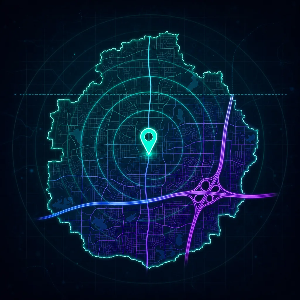 Stylized map of Bolingbrook, Illinois across Will and DuPage counties where Interstate 55 and Interstate 355 meet Route 53 for local search