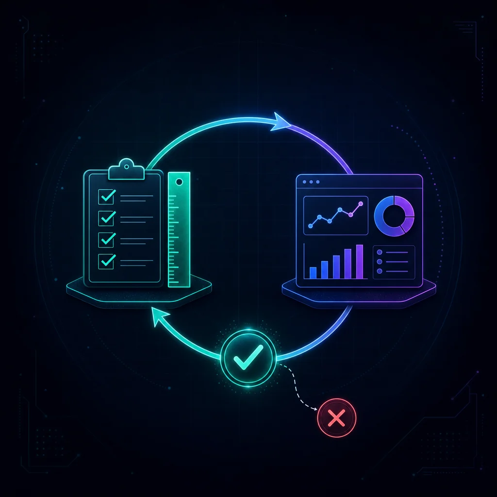 Verification loop diagram showing AI output checked against a brand-brief standard before it goes live