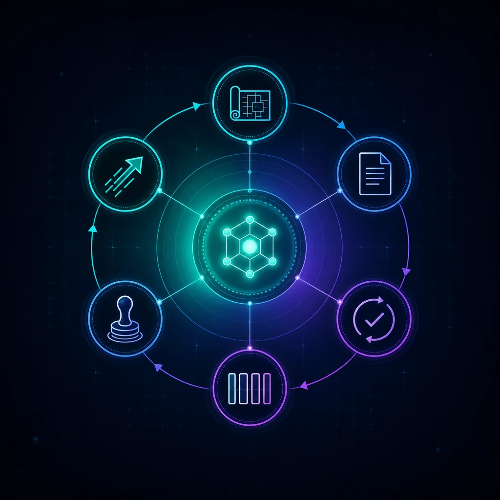 Diagram of the six Claude Code working habits arranged as a connected radial workflow for local business AI search visibility