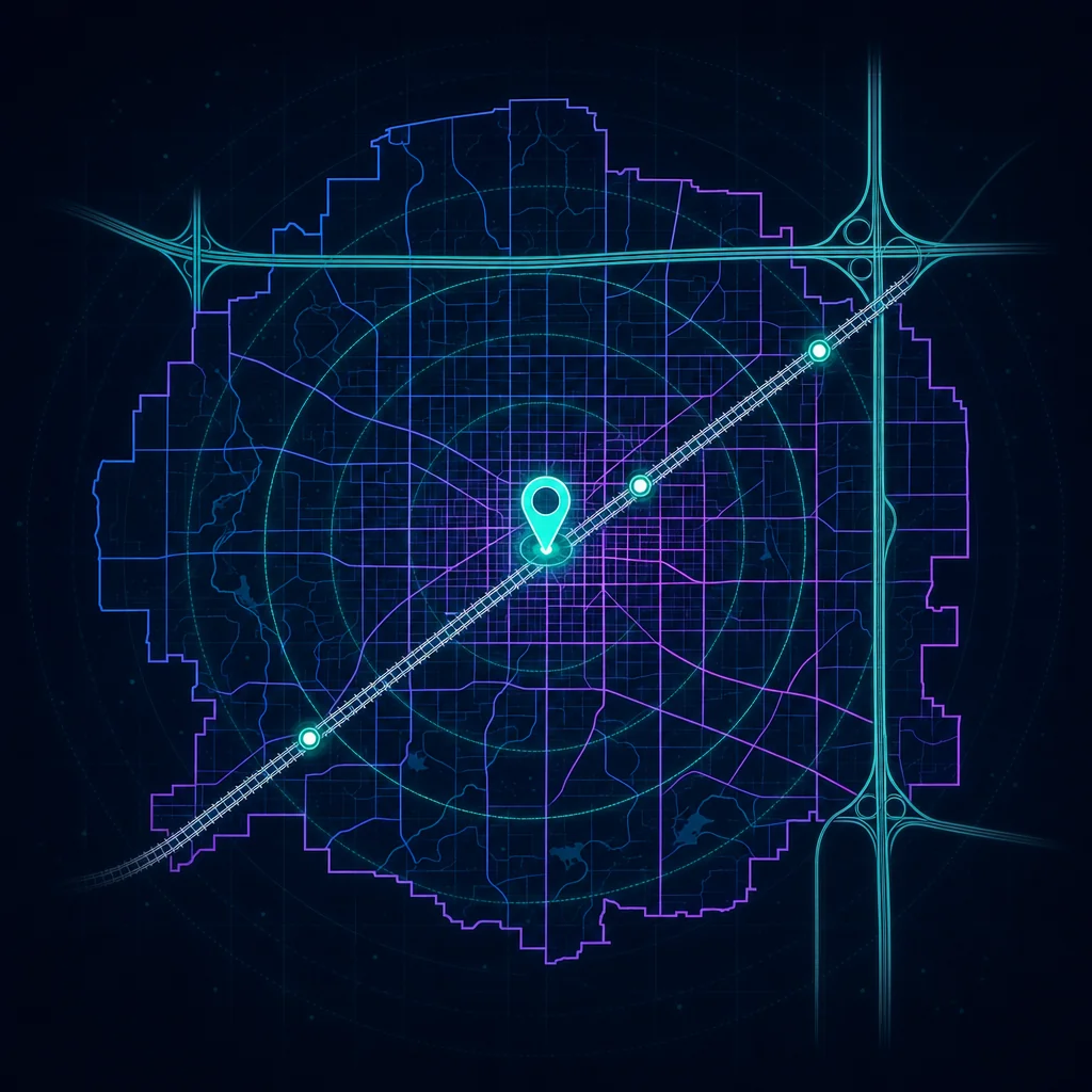 Stylized map of Downers Grove, Illinois with the commuter rail line running diagonally through the village center and three station markers for local search