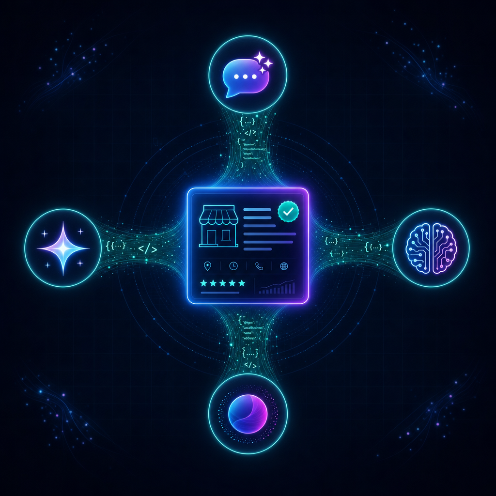The Search Sherpa Homepage (v2 draft) 6 Hub-and-spoke diagram with a verified business card at the center connected to four abstract AI assistant icons by glowing teal beams of structured data, on a dark navy background
