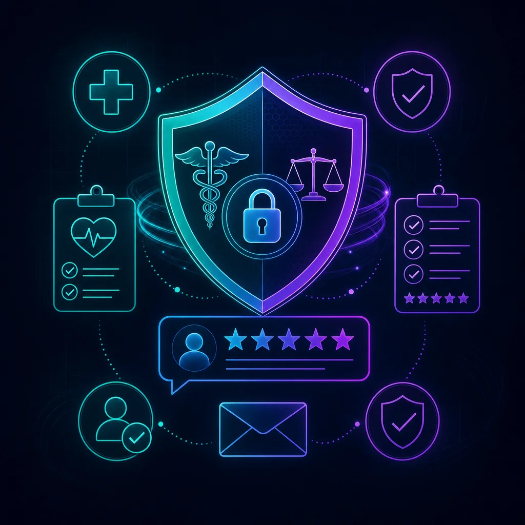 Med Spa Reputation and Review Management 3 Concept of HIPAA-aware and FTC-compliant review requests for a med spa, shown as a privacy shield with abstract checkmarks
