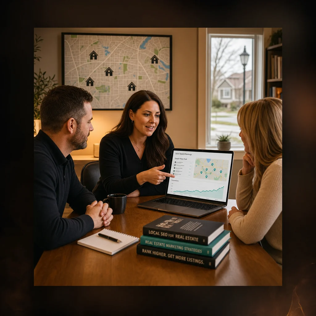Real Estate SEO Services for Agents | The Search Sherpa 4 SEO consultant walking two real estate agents through a local search visibility dashboard for their brokerage