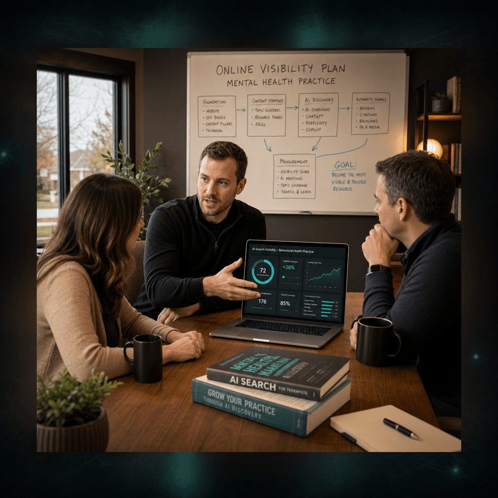 Mental Health Marketing in the Age of AI Search 3 Jeremy Bengtson, founder of The Search Sherpa, reviewing a behavioral health practice's visibility plan