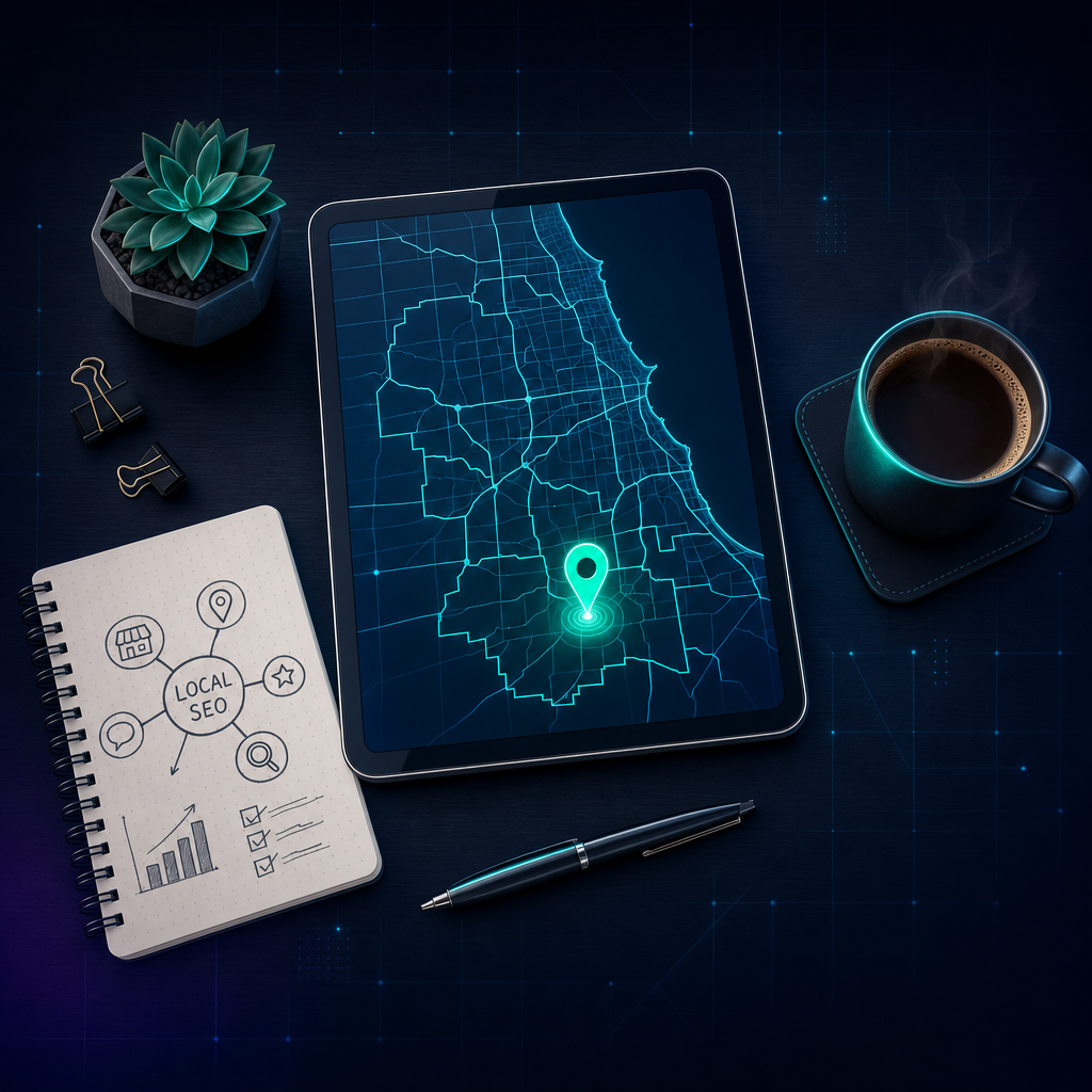 The Search Sherpa Homepage (v2 draft) 1 Stylized illustration of a search visibility workspace on a dark navy background, with a tablet showing a Mokena and Will County map and a notepad with local SEO sketches