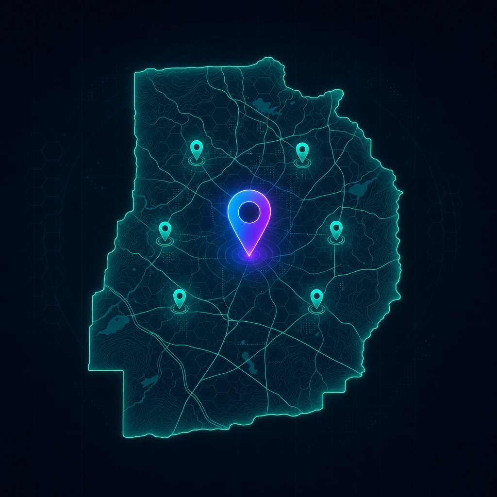The Search Sherpa Homepage (v2 draft) 4 Abstract topographic map showing Mokena at the center of a Will County service area with surrounding suburbs marked as glowing pins on a dark navy background