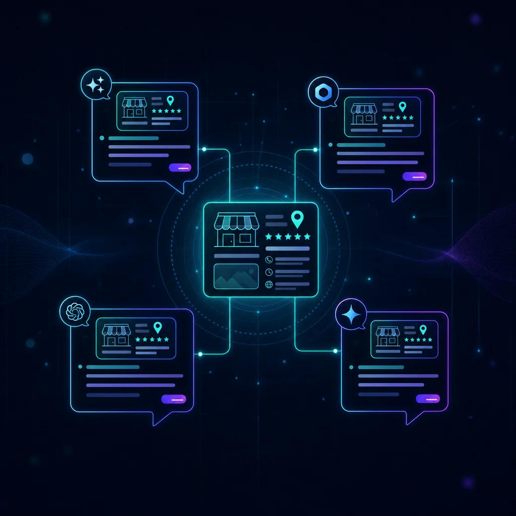 A local business surfacing in AI search answers from ChatGPT, Perplexity, Gemini, and Google AI Overviews