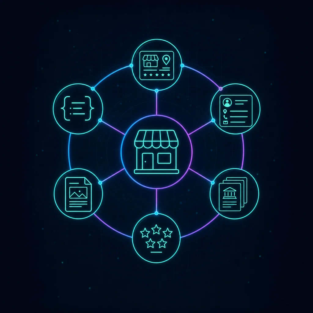 Connected visibility system showing Google Business Profile, citations, reviews, local content, and schema around one business
