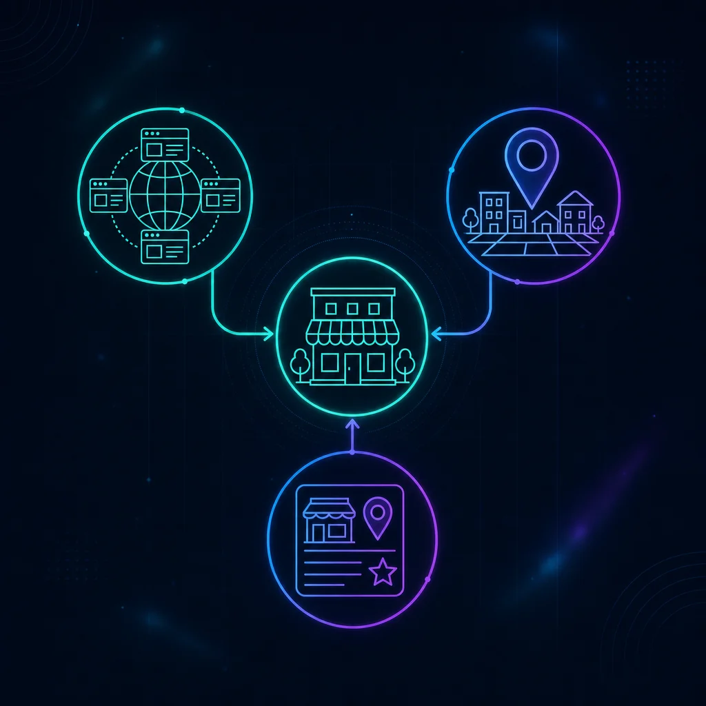 Diagram contrasting organic SEO, local SEO, and a Google Business Profile for a Frankfort business