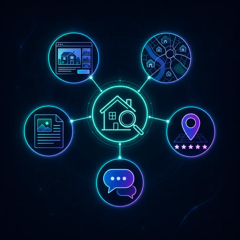 Real Estate SEO Services for Agents | The Search Sherpa 3 Five pillar real estate SEO system diagram connecting listing pages, neighborhood pages, Google Business Profile, AI search, and content