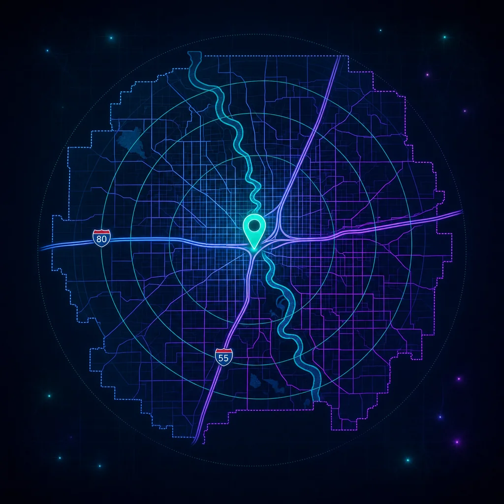 Stylized map of Joliet, Illinois in Will County at the I-80 and I-55 interchange along the Des Plaines River for local search