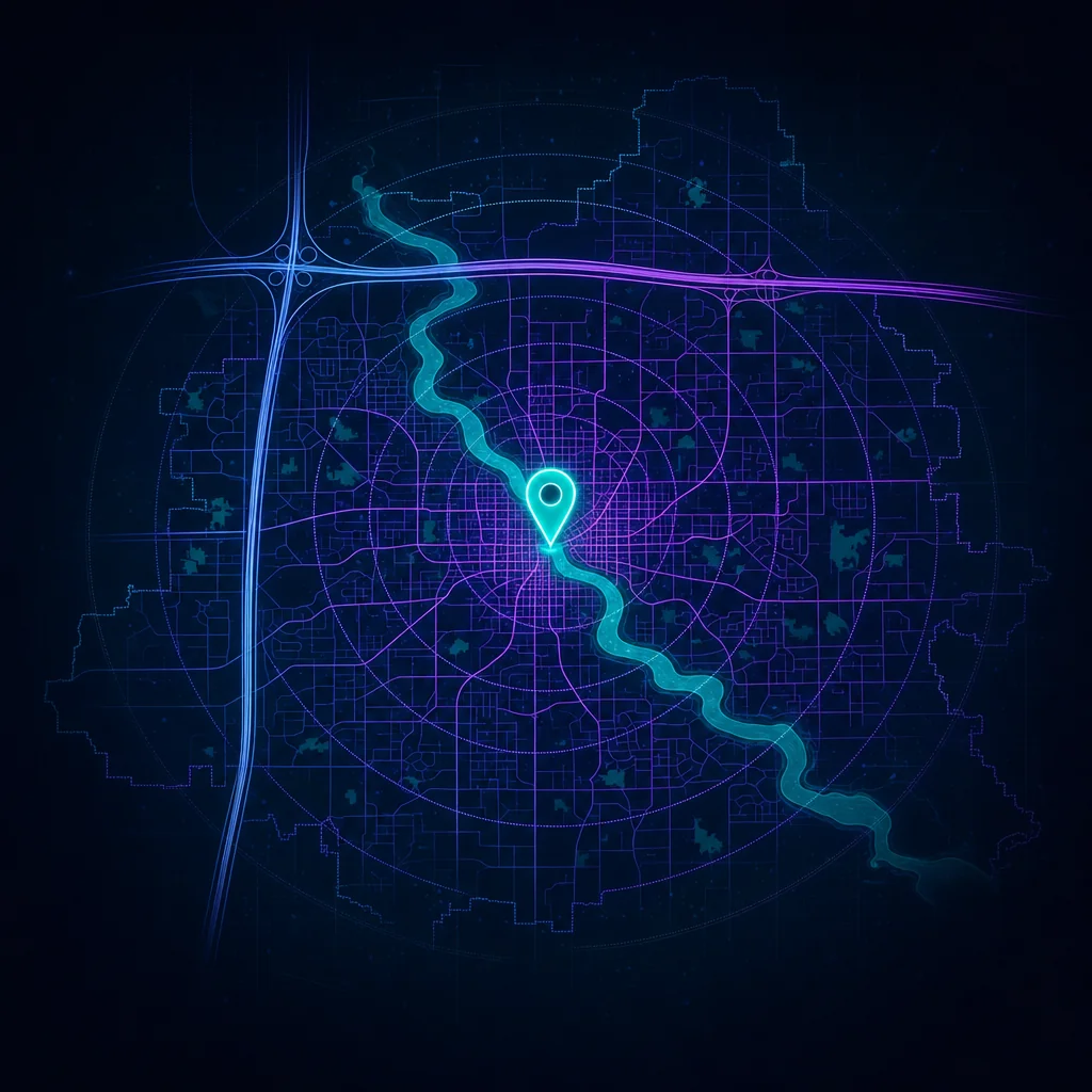 Stylized map of Naperville, Illinois across DuPage and Will counties, where Interstate 88, Route 59, and the DuPage River frame the local search market