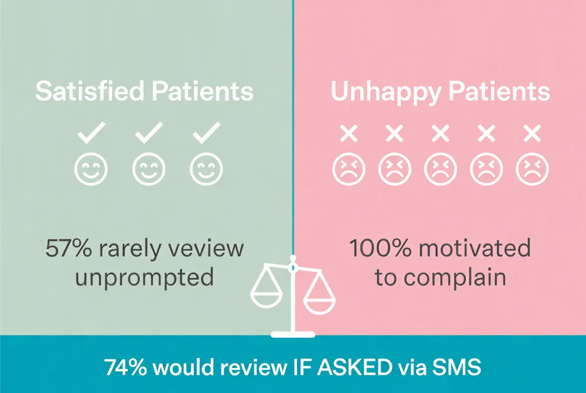 Diagram showing the silent majority problem: satisfied patients do not leave reviews, while dissatisfied patients are motivated to complain, creating rating imbalance