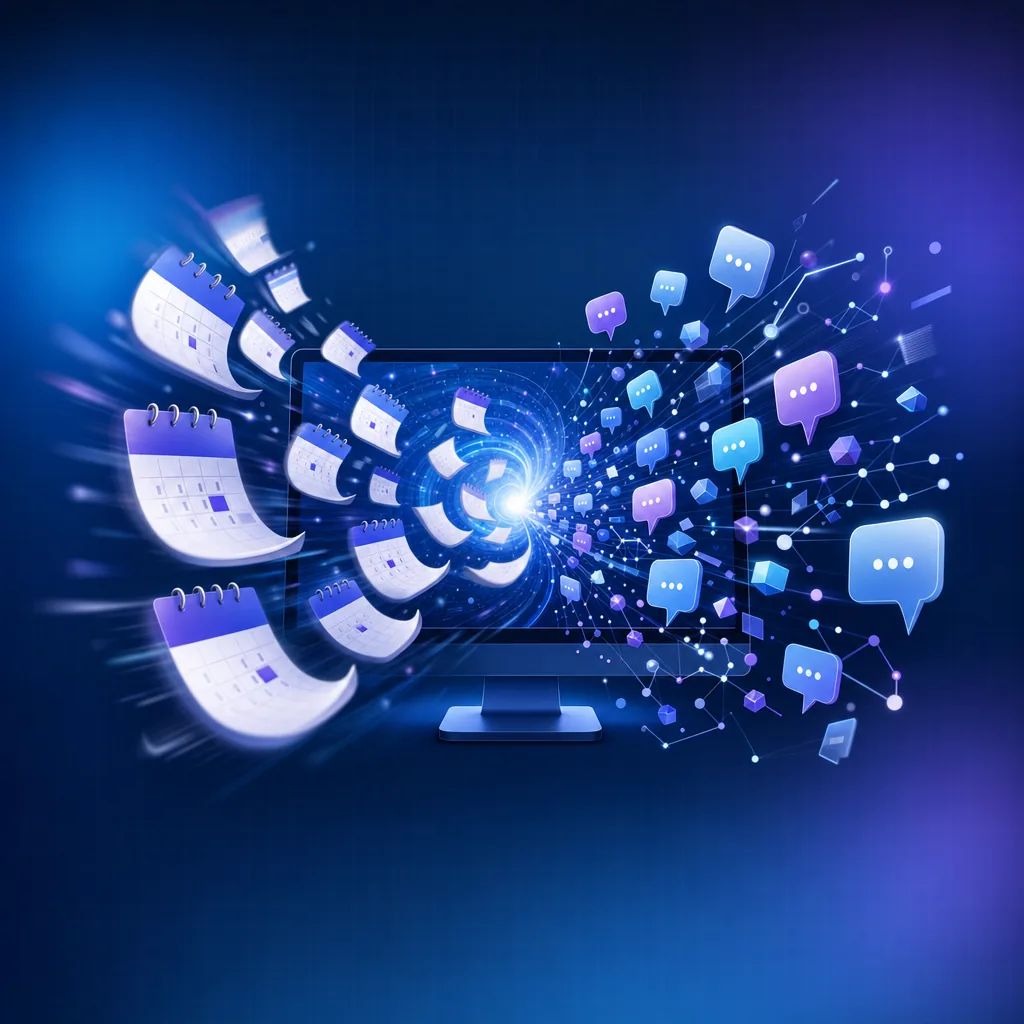 Swirling abstract motion-blur composition of glowing calendar pages flowing into a central monitor with chat-bubble icons and node-graph fragments