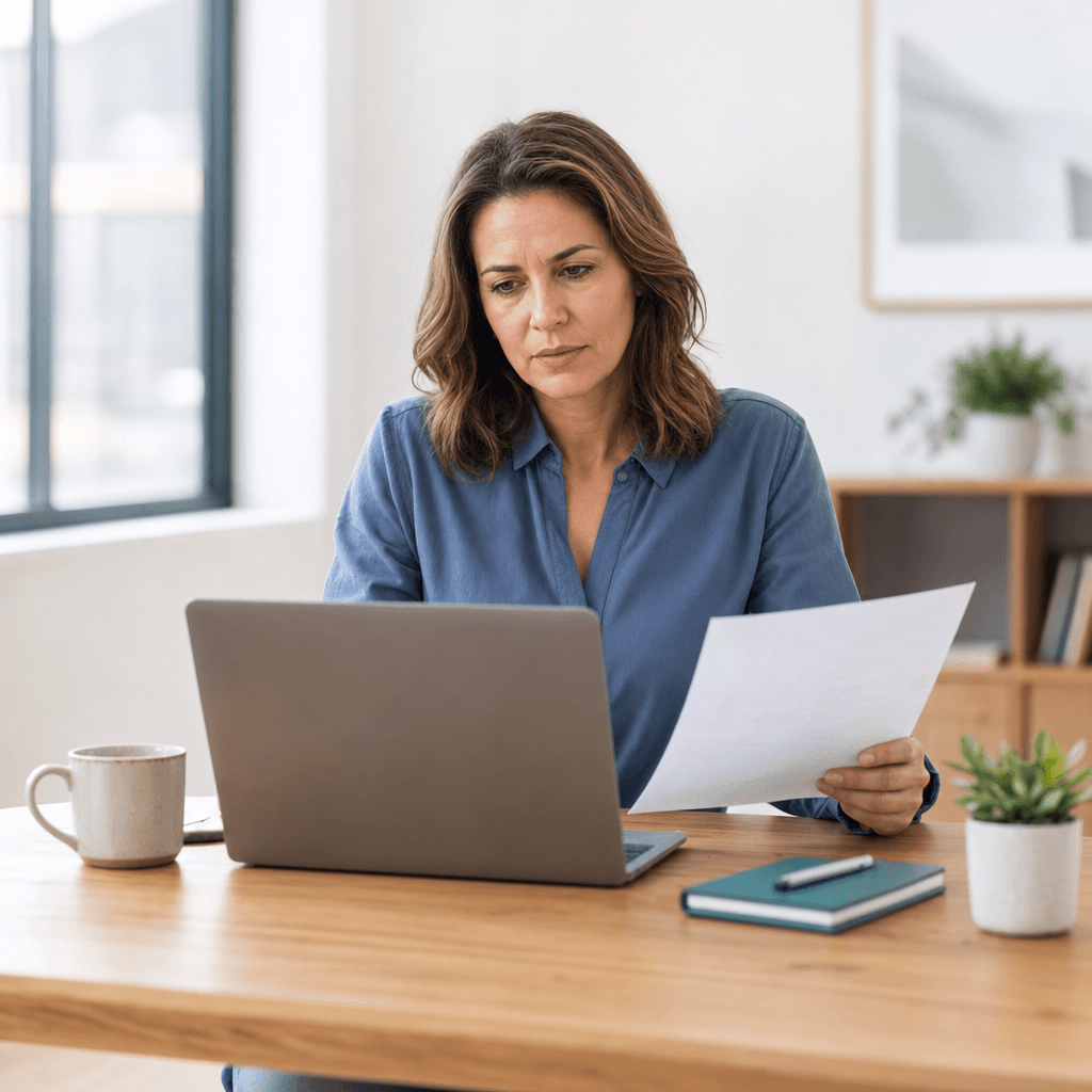 A small business owner sits at a wooden desk in a bright office, holding a printed invoice and looking at her laptop with a concerned expression.