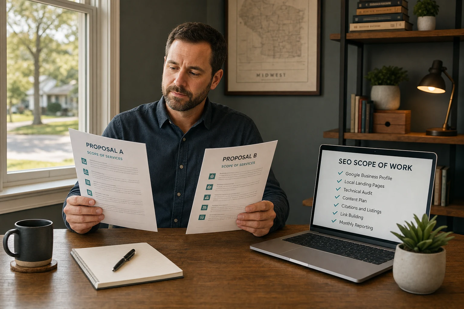 Jeremy Bengtson comparing two small business SEO package proposals at his desk