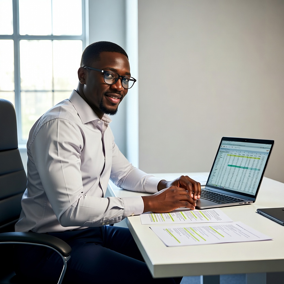 Smiling man wearing glasses sits at a desk with a laptop showing a spreadsheet, with highlighted documents on the table.