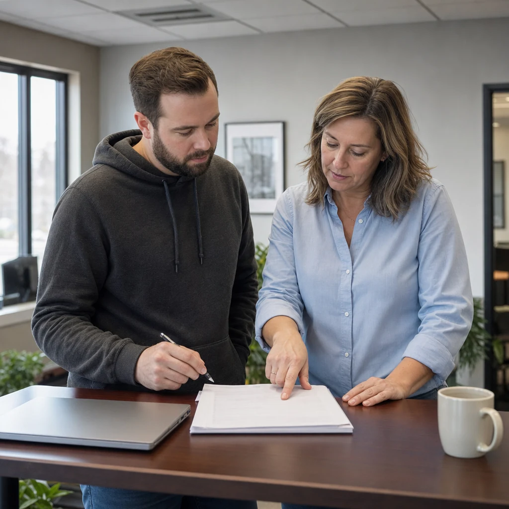 A web developer and an SEO consultant working through a printed checklist together at a standing desk in a daylit office