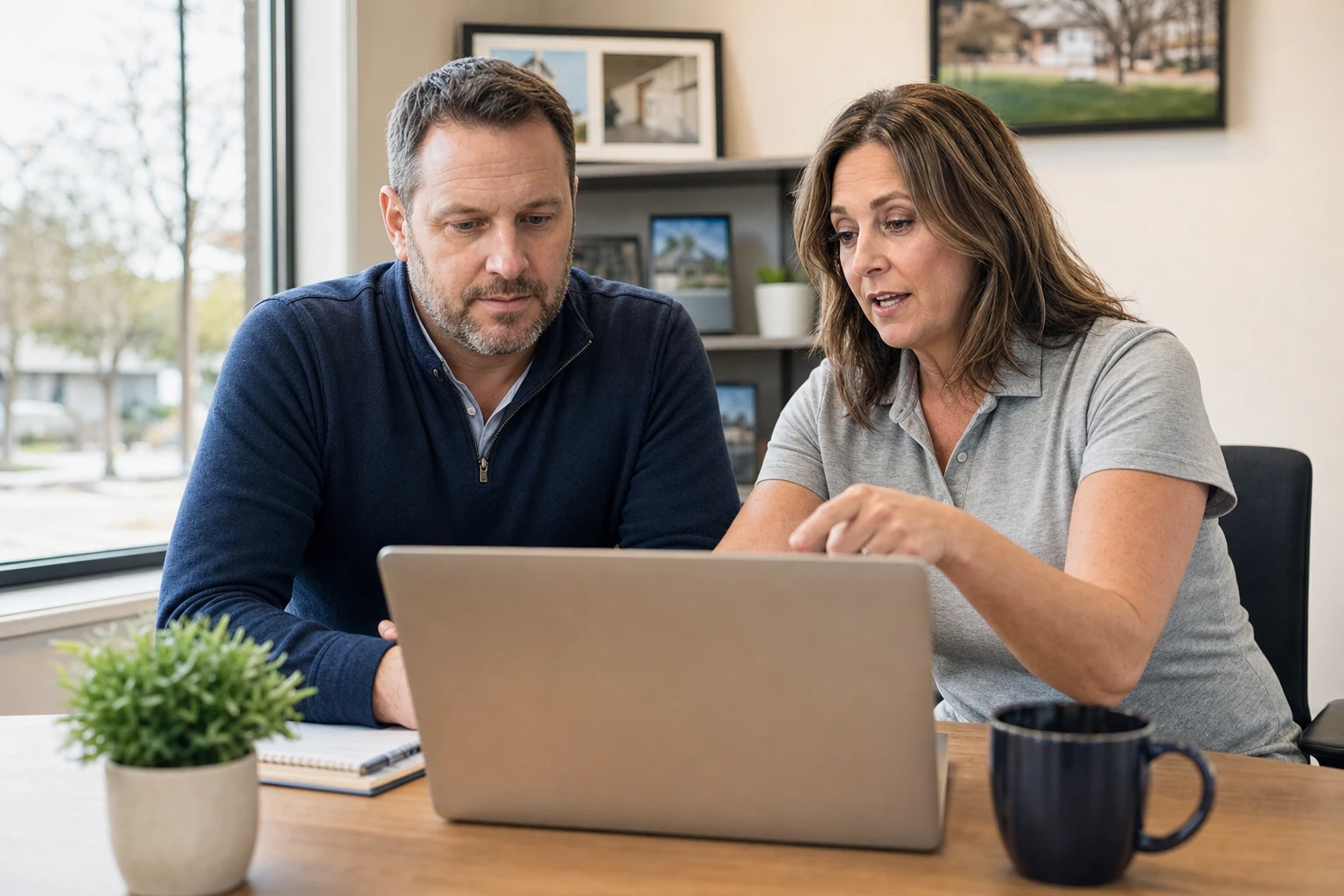 An SEO consultant and a small-business owner reviewing a laptop together at a light wood desk in a bright office