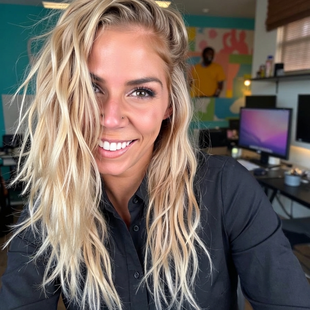 Alyssa Ferree from The Search Sherpa smiling in office workspace representing local SEO and digital marketing expertise