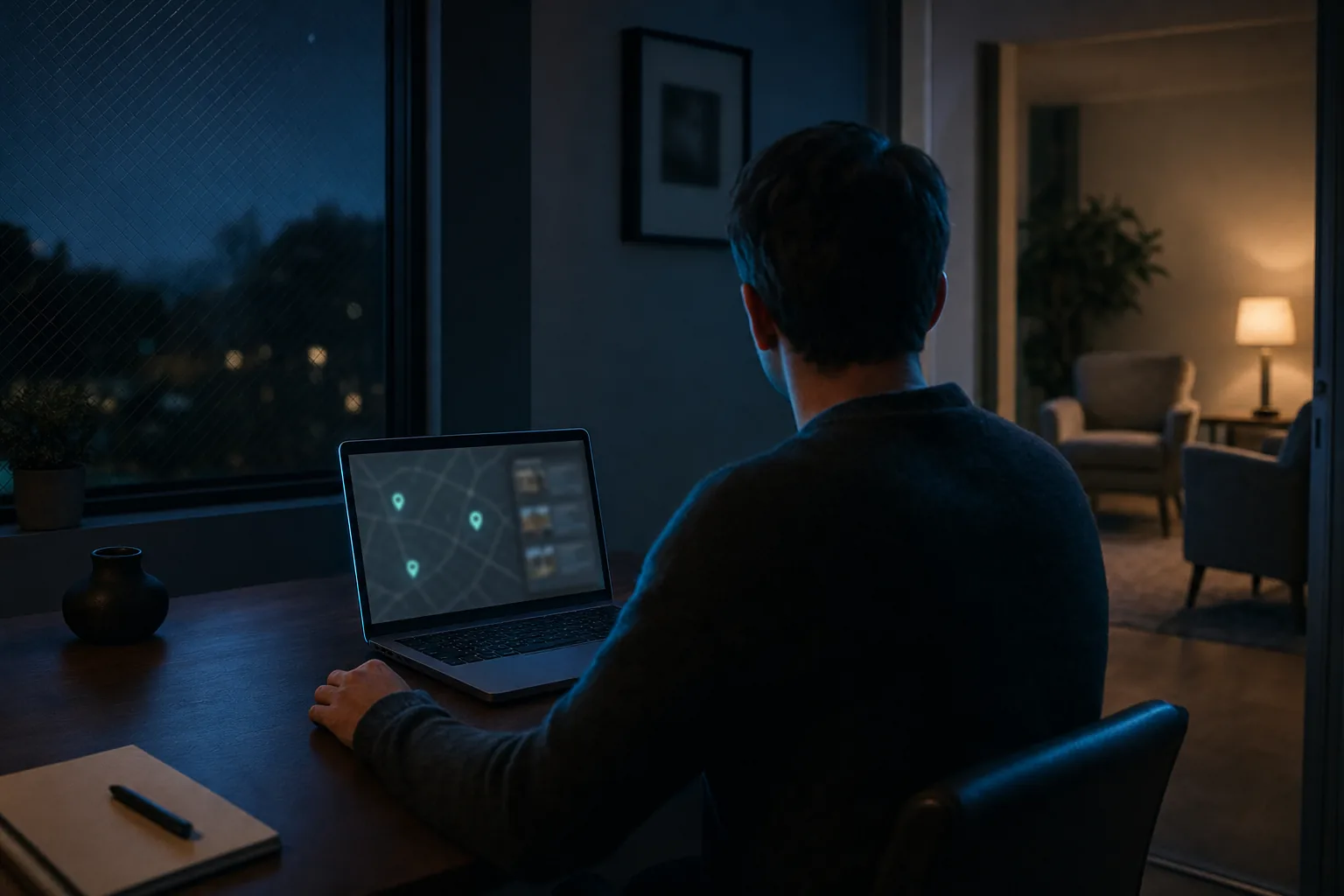 A person in a dark sweater reviewing a local map with three pins on a laptop at night, with an empty counseling room visible through a doorway