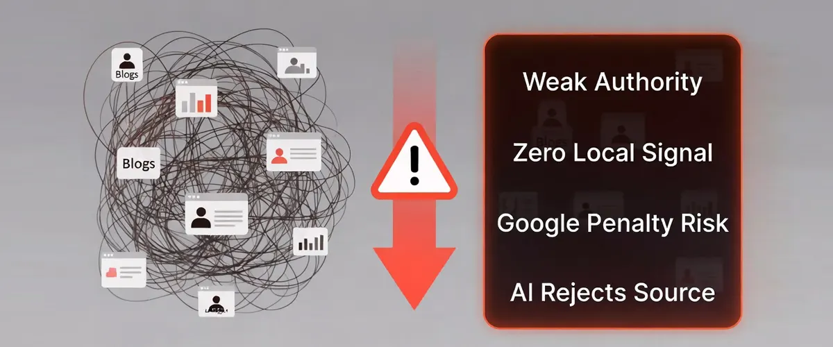 Diagram showing negative impact of cheap link farms: weak domain authority, Google penalties, zero geographic relevance, failing AI credibility