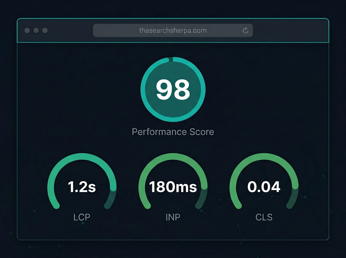 Core Web Vitals performance score showing optimized LCP, CLS, and INP metrics for a WordPress website