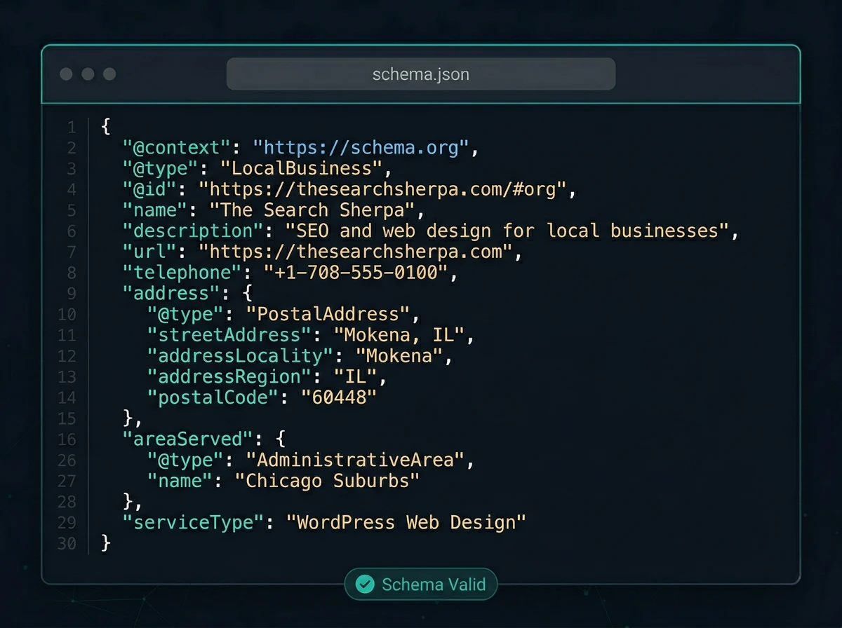 JSON-LD LocalBusiness schema markup code showing structured data implementation for a WordPress website