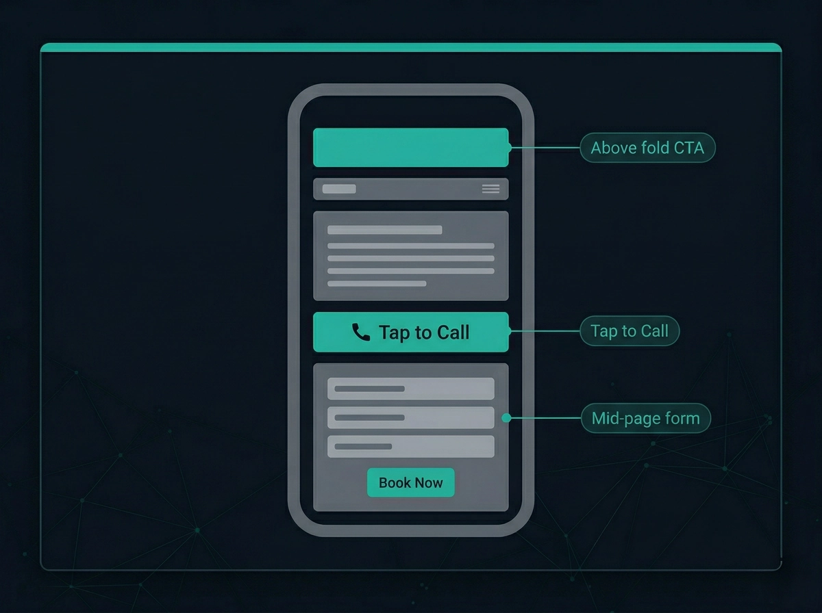 Mobile website wireframe showing strategic call-to-action placement, tap-to-call button, and lead capture form design
