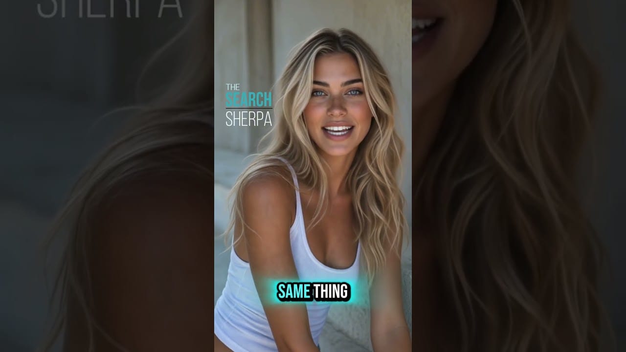 Video still: a smiling presenter with long blonde hair and a white tank top, framed in portrait with a blurred copy of the same frame on each side. The Search Sherpa logo sits to the left of her face and a caption reads Same Thing.