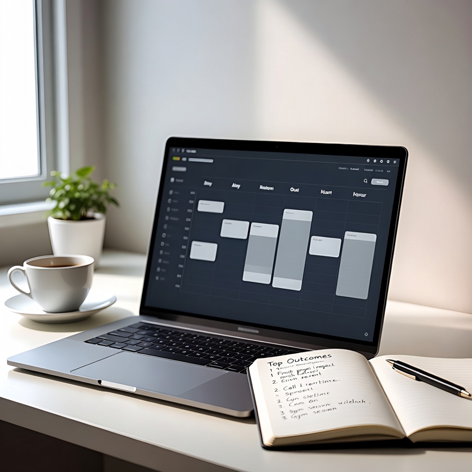 Laptop displays a weekly schedule board beside an open notebook labeled “Top Outcomes,” with a coffee cup and plant near a window.