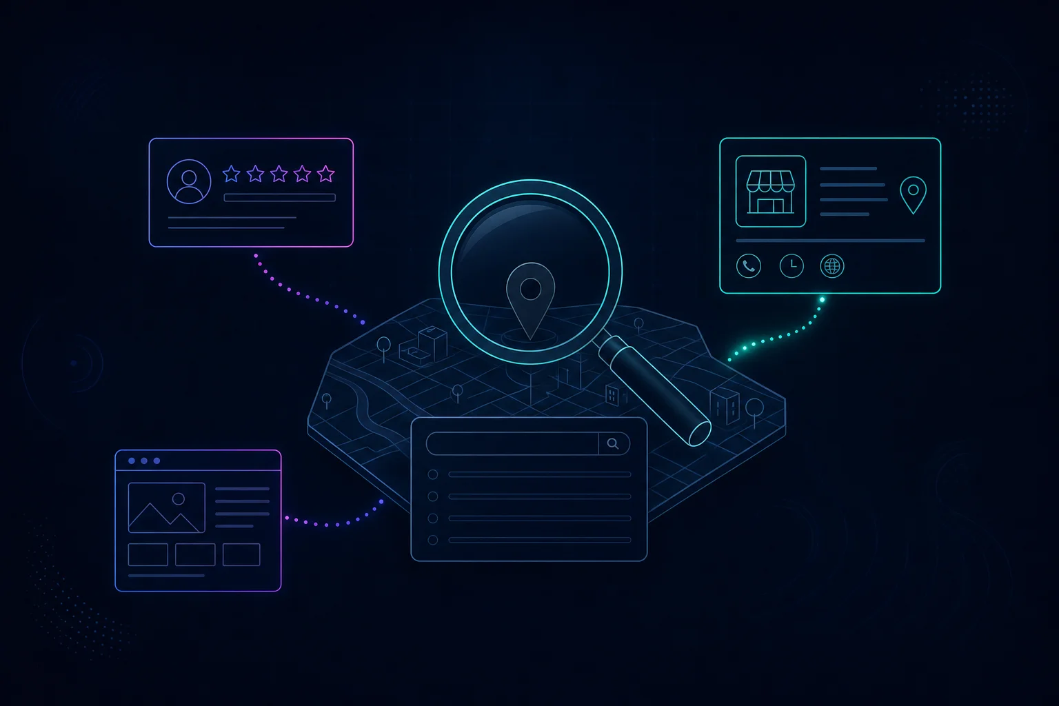 Illustration of a local business searching for itself on a map and search results and finding an empty result, with visibility signals from reviews, a business profile, and a website waiting to be connected