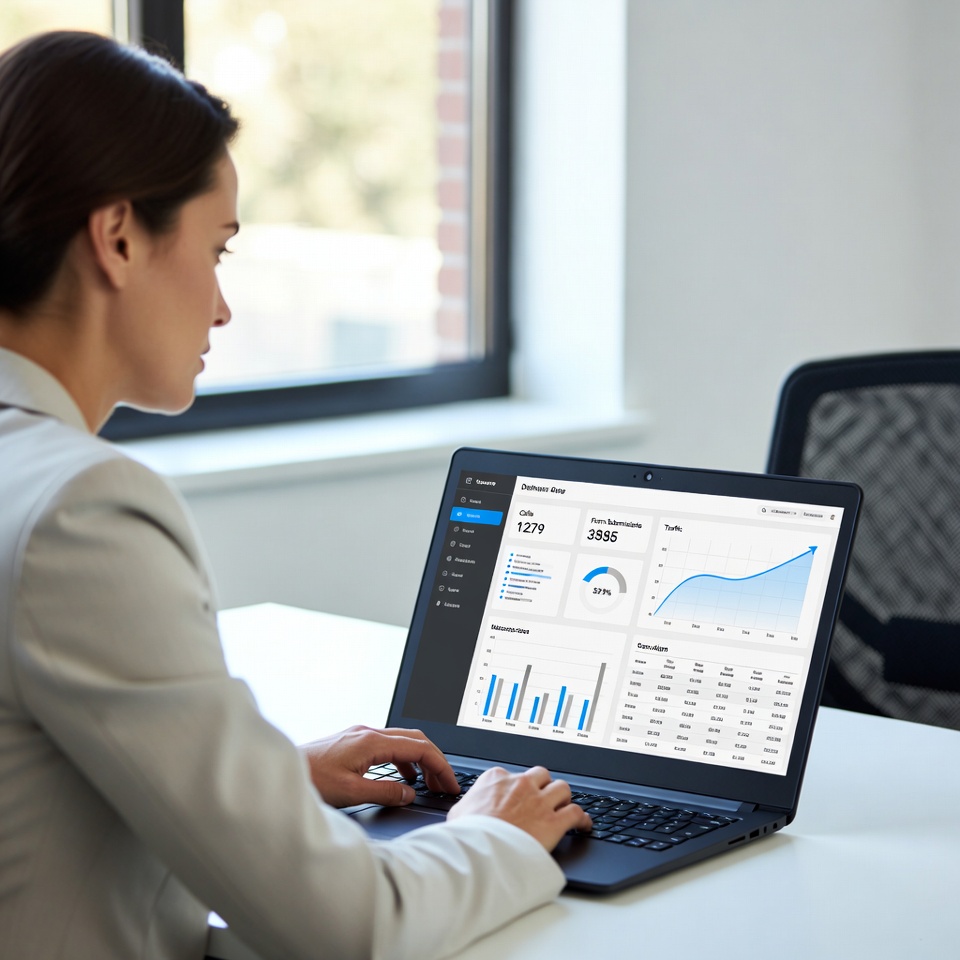 Woman in a blazer works on a laptop showing an analytics dashboard with charts in a bright office.