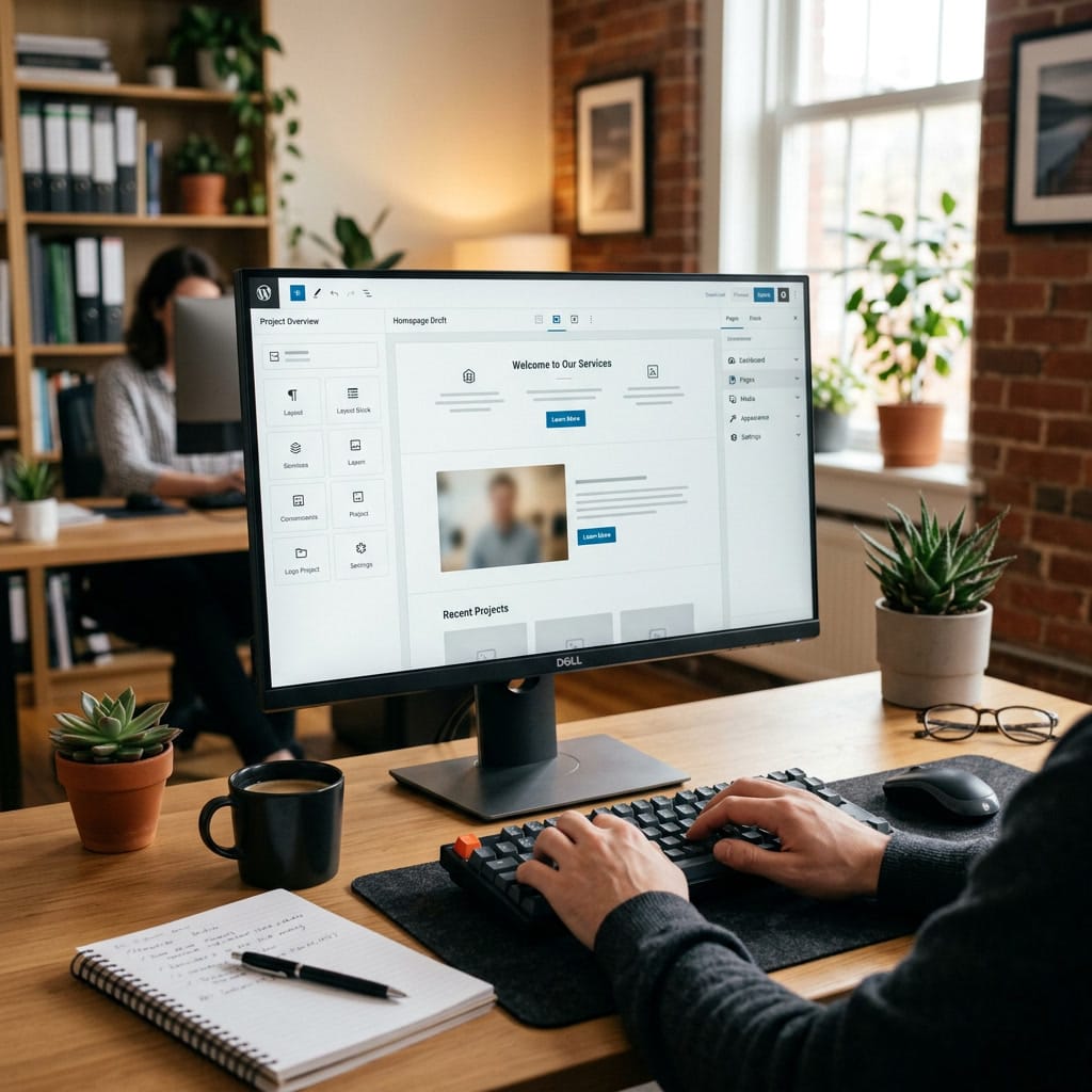 WordPress website editor open on a desktop monitor in a small business office setting